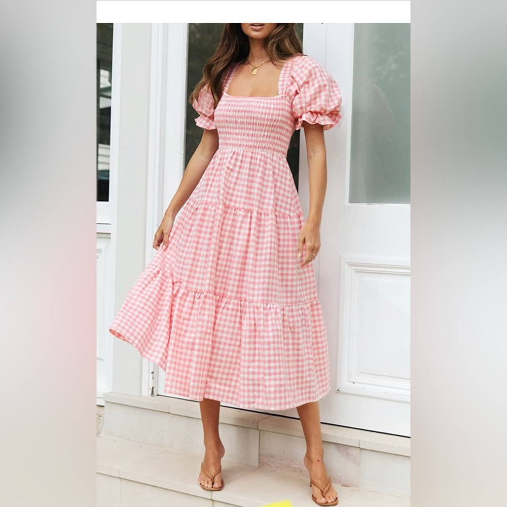 NWT Bohemian Summer Plaid Square Neck Puff Sleeve Ruffle Flowy Beach Midi Dress